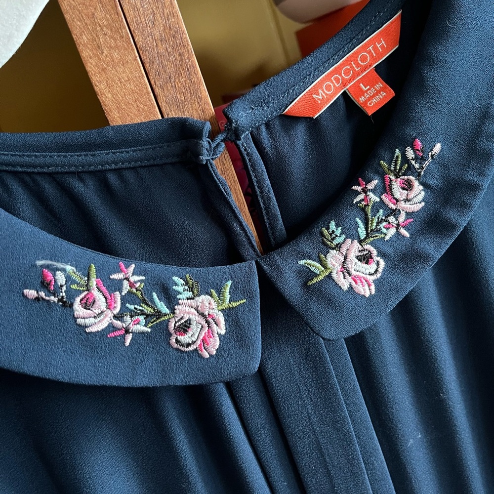 Modcloth Navy Embroidered Peter Pan Collar Dress